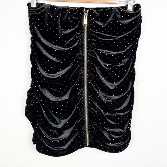 For Love and Lemons Dolls Kill Margot Black Velvet Gold Stud Ruched Mini Skirt - Picture 7 of 16